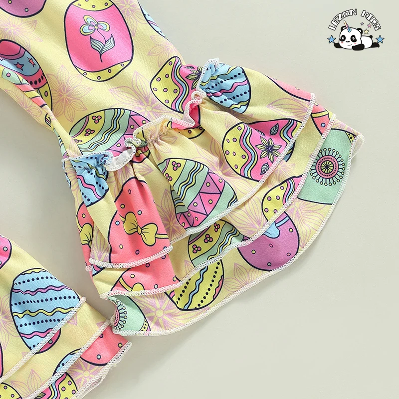 LEZONKIDS - Novo Conjunto de 2 Peças para Meninas com Camiseta de Manga Curta e Calças Flared com Estampa de Ovo para Crianças Roupas de Páscoa
